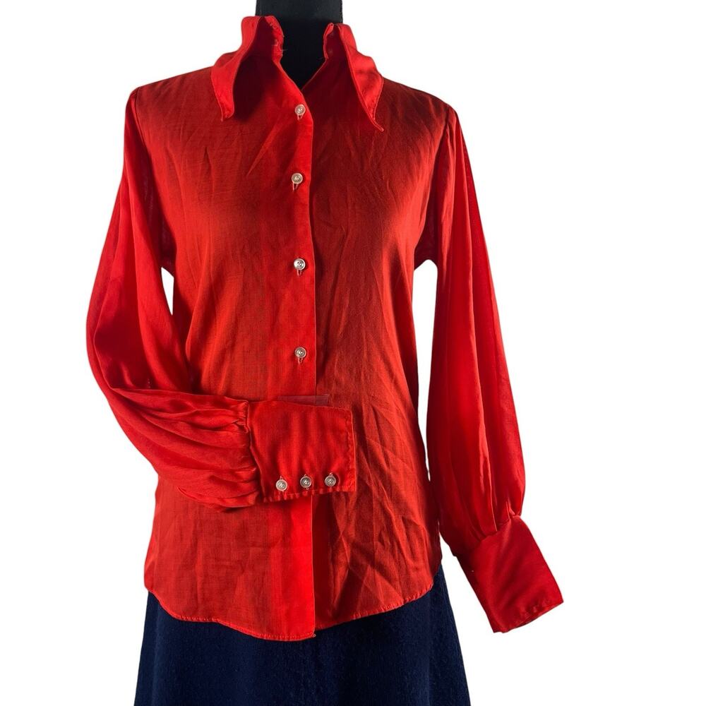 Vintage 70s Rosanna 3pc Knit Skirt Vest Set Red Dagger Collar Bishop Sleeve Sz S - Picture 3 of 16